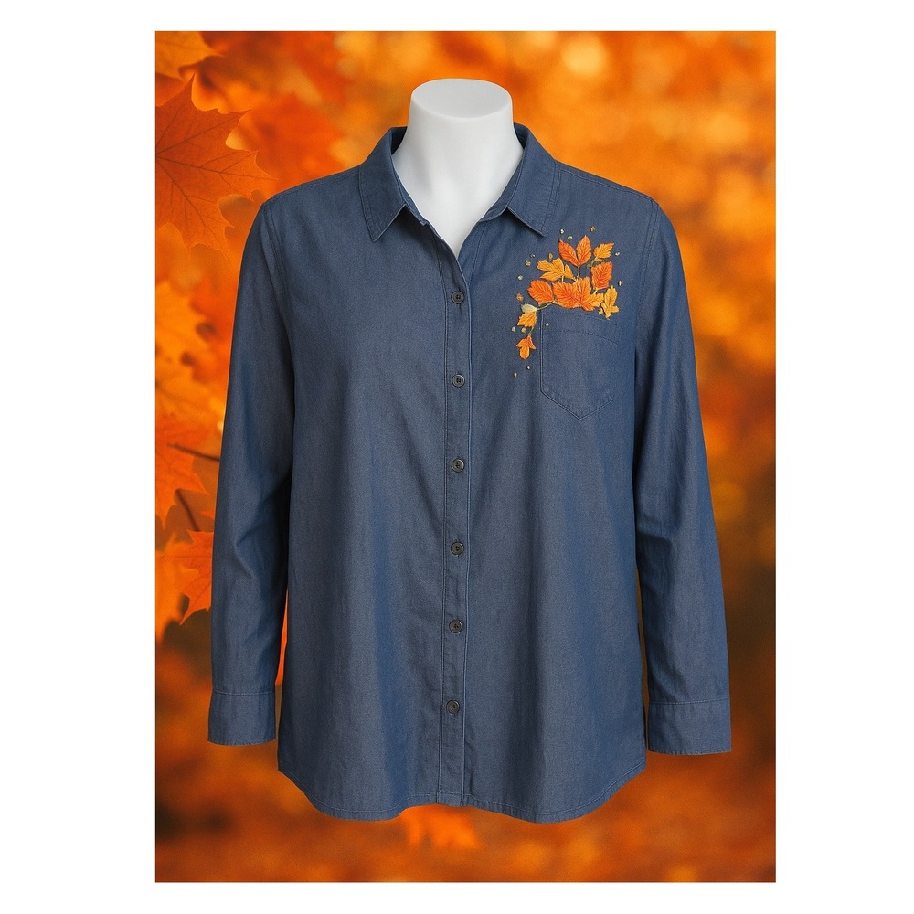 Quacker‎ Factory Chambray Shirt XL NWT Embroidered Leaves Floral Button Front